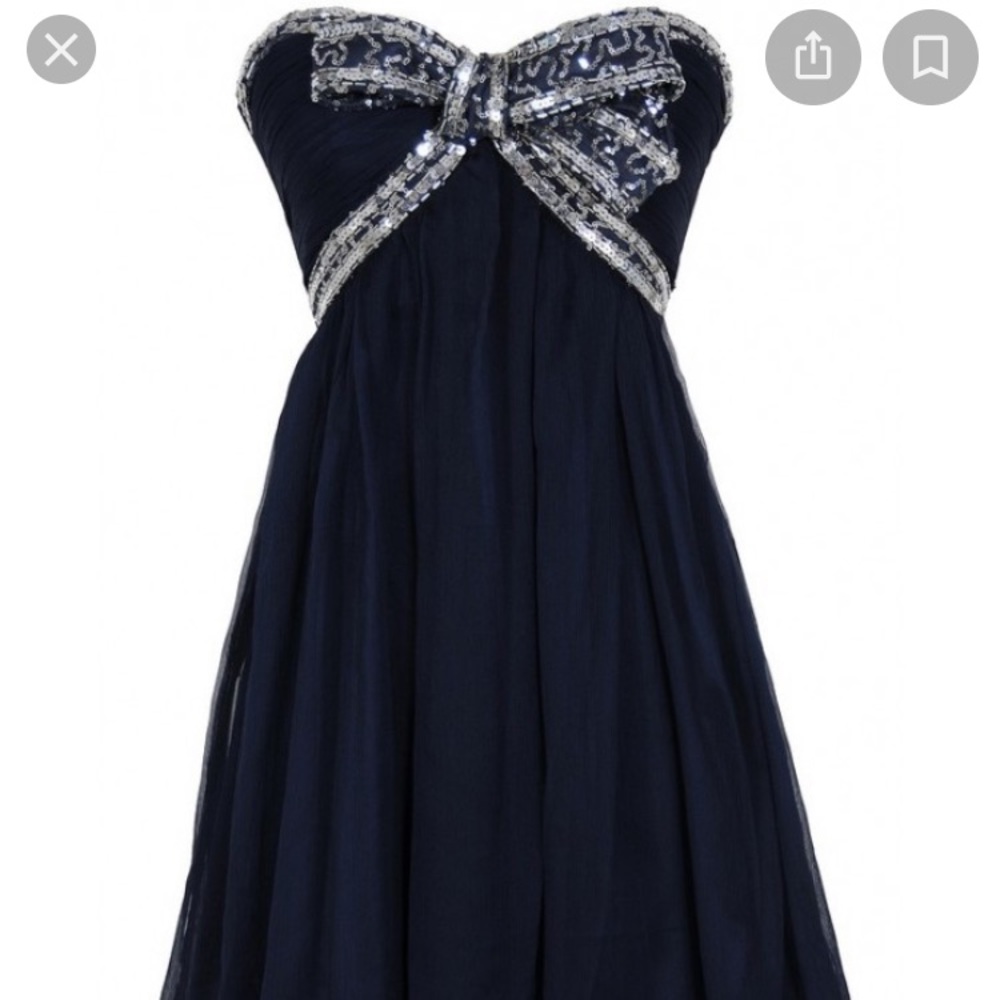 Navy Blue Strapless Dress with Sequin Bow